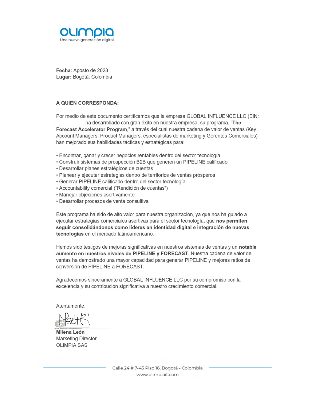 CARTA DE RECOMENDACION OLIMPIA